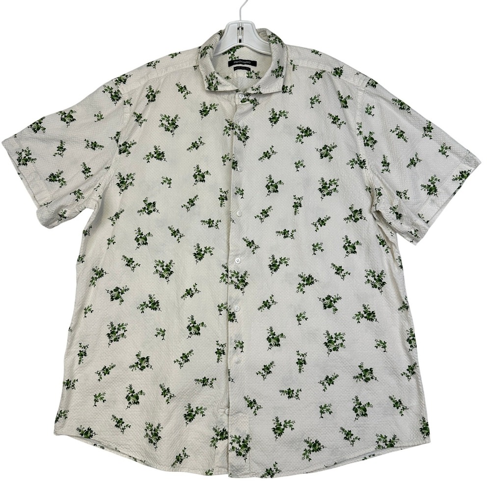 Indochino Floral Seersucker Button Shirt White Green Cotton Men's size L